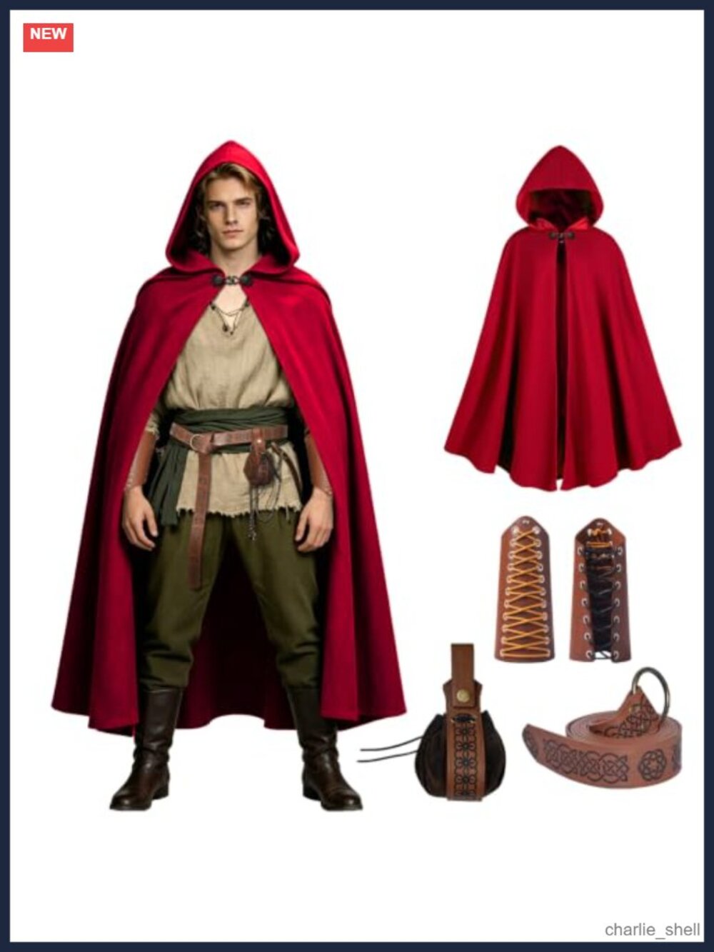 Medieval Hooded Cloak Renaissance Cape with Belts Bag Arm Guards